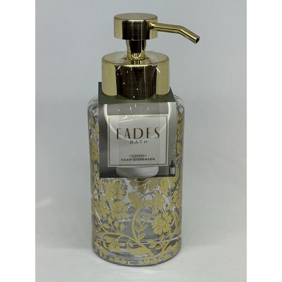 New EADES Foaming Soap Dispenser Clear Thick Glass Gold Floral Design Pump - Picture 1 of 13